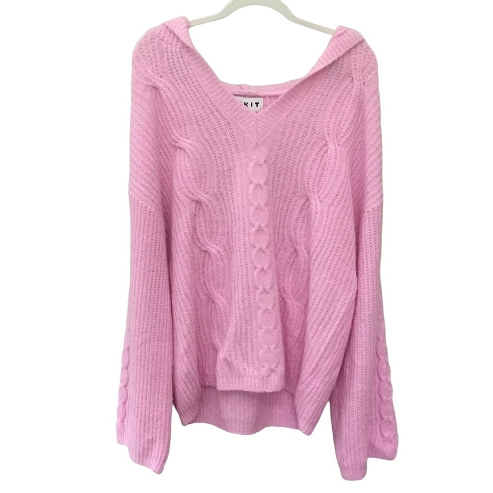 Kikit Hooded V-Neck Pullover Long Sleeve Cable Knit Fuzzy Pink Sweater - Picture 3 of 9